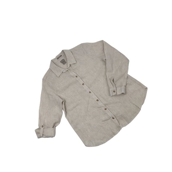 Chico’s no iron 100% linen roll tab button up top shirt size 0.5 S 6 tan striped - Picture 1 of 7